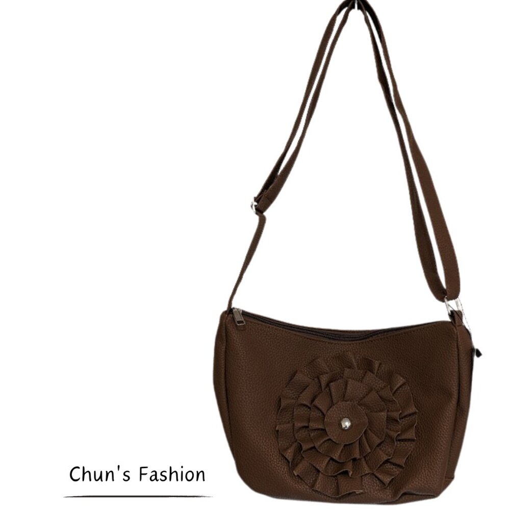 Women's Brown Faux Leather Boho Crossbody Flower Vegan Bag Medium Sized NWT